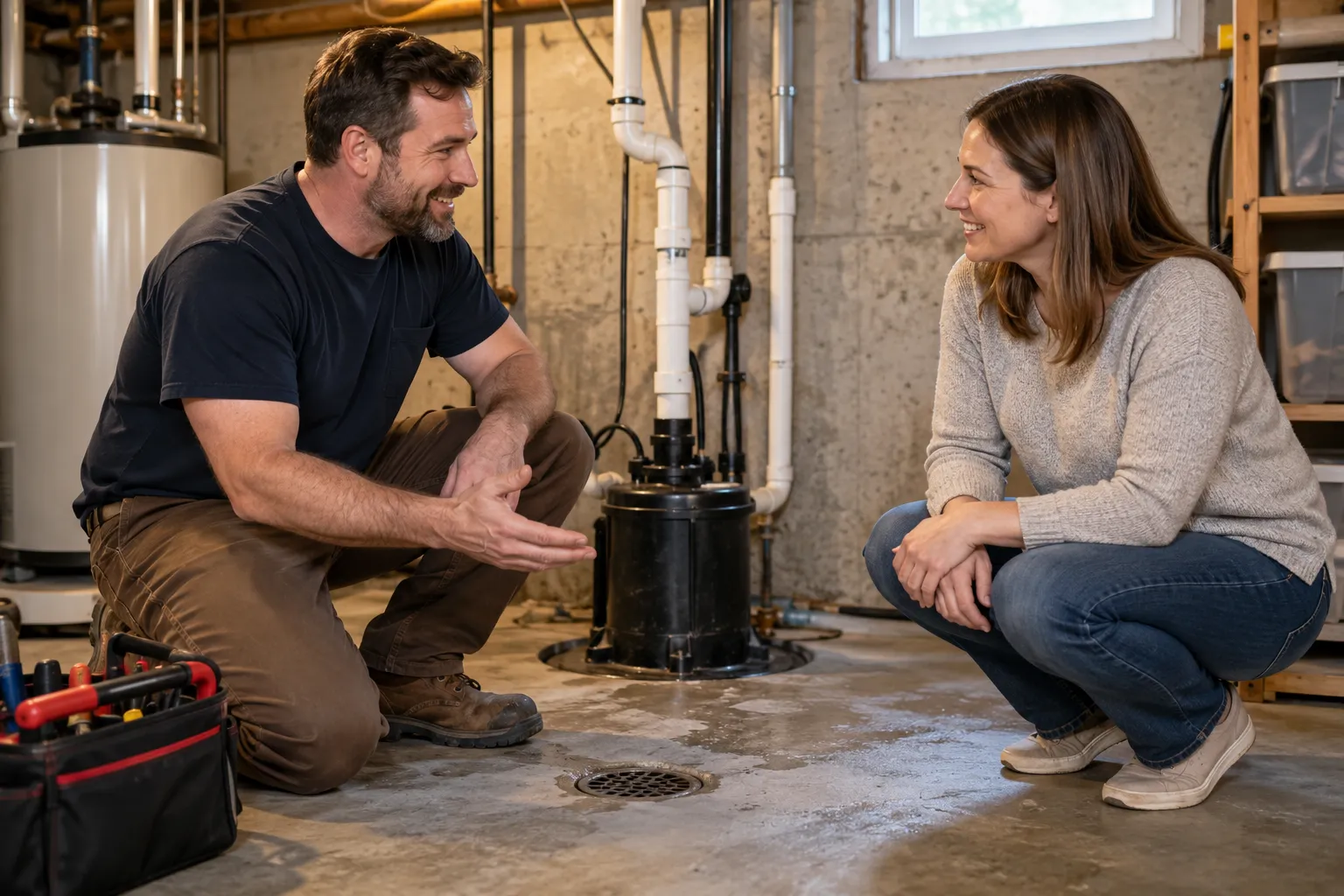 A homeowner talking with a plumbing provider in a basement near Arlington Heights